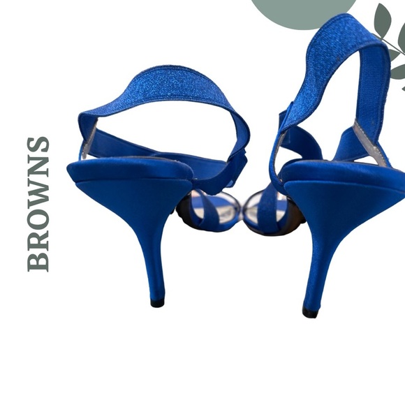 🛍️3/$40 BROWNS Blue Metallic Strappy Heels Elastic Glitter Straps – Size 8.5M - Picture 4 of 7